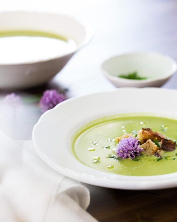 Green Pea Soup with Chive Flowers